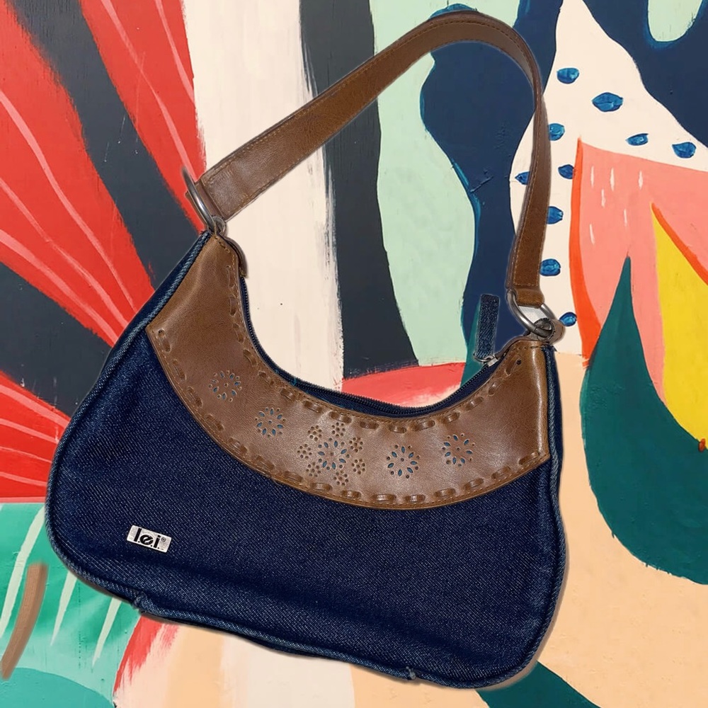 L.E.I. Jean Blue Purse w/ Leather strap & embroidered Blue Flowers